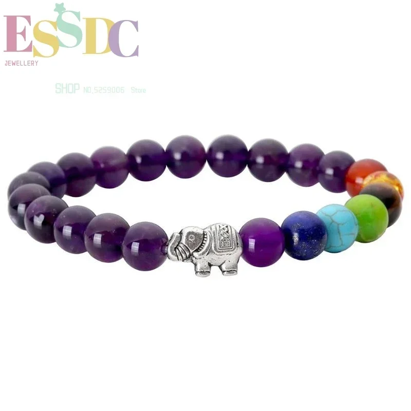 New Design Natural Tiger Eye Stone  or Bangle Seven Color Chakra Energy Yoga Purple Onyx Elephant Charm Bracelet