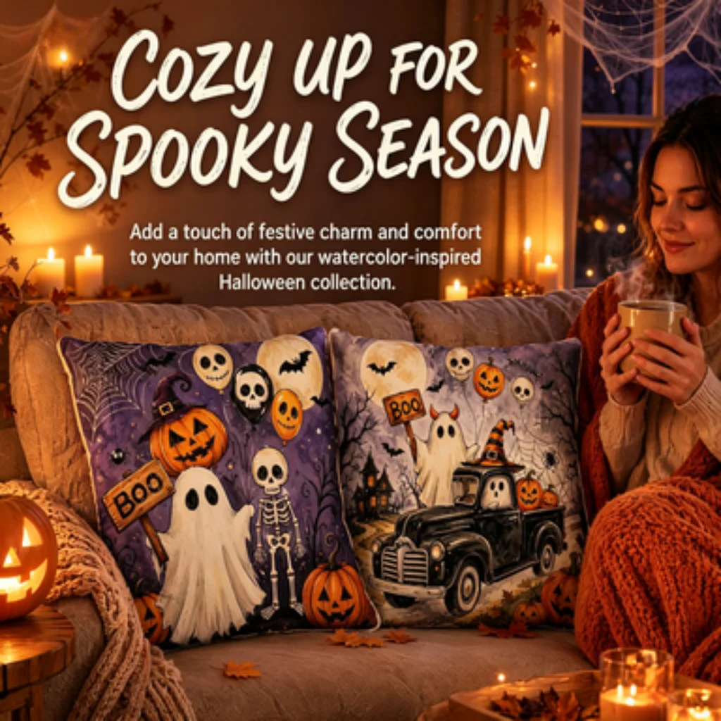 Spooky Ghost Pillow Cover 4-Pack No Insert, Watercolor Pumpkin Skull Truck Cushion Cover, Living Room Party Pillow Case.