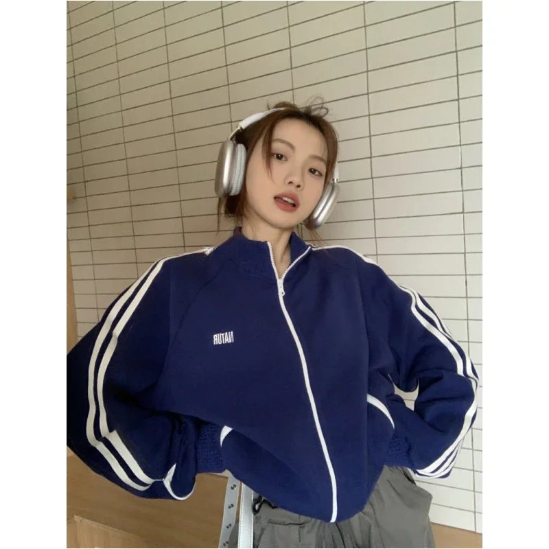 Blue Stripe Womens Track Jackets Vintage Long Sleeve Korean Fashion Casual Y2K Style Autumn Stand Collar Cropped Jacket Female