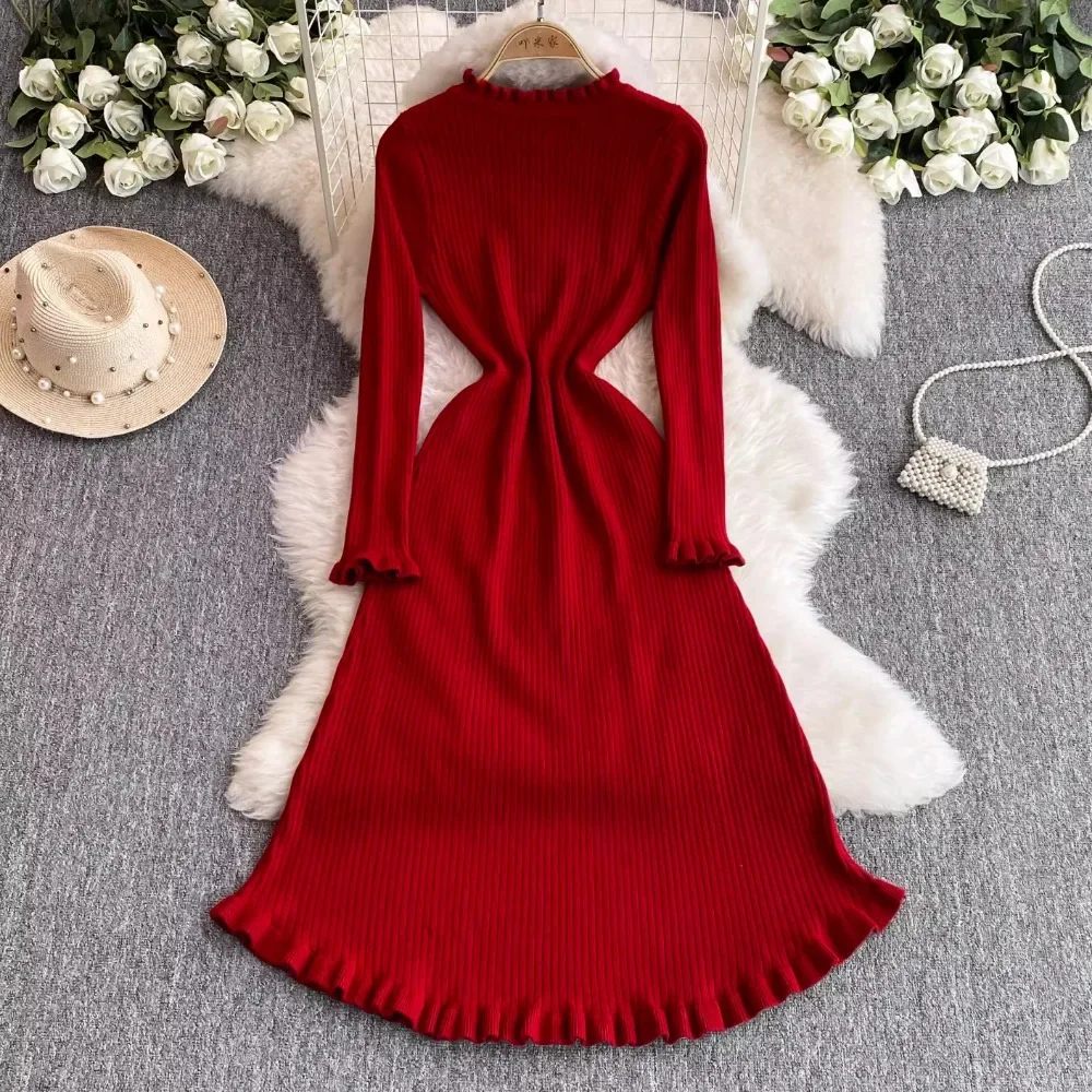 Elegant O-neck Vintage Long Sleeve Chic Ear Fungus Edge Slim Knitted Dresses Korean Evening High Street Autumn Winter Clothing