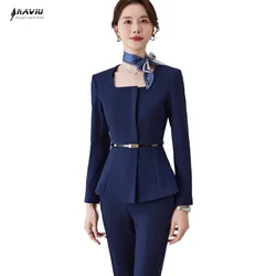 NAVIU Navy Blue Coffee Black Ladies Pant Suit Formal Women Business Work Wear Solid Square Collar Blazer e pantaloni 2 pezzi Set