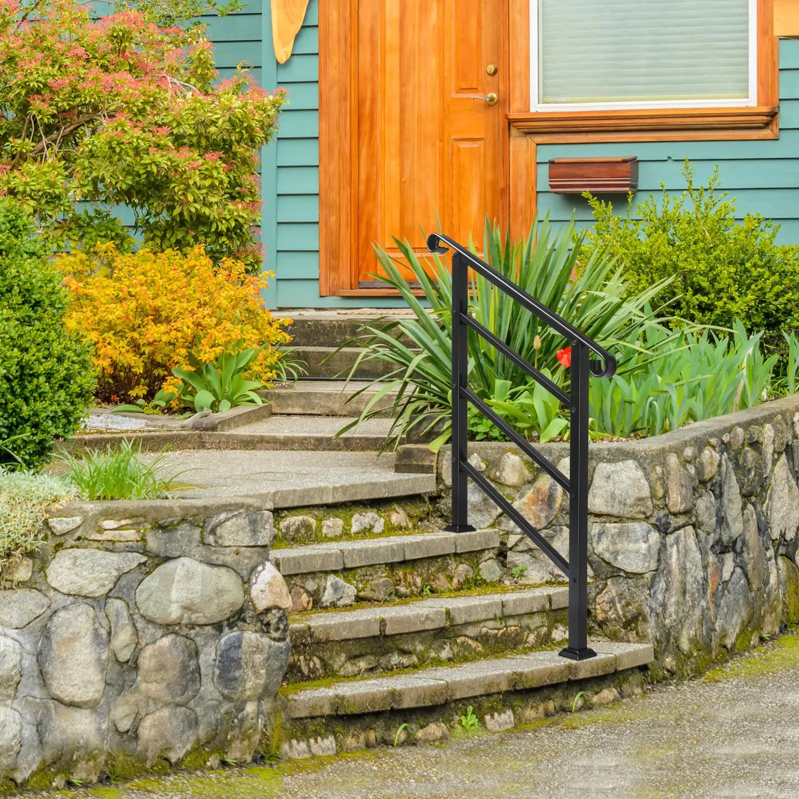 for outdoor Steps Handrail Wrought Iron 1 or 3 Steps Transitional with Installation Kit Black