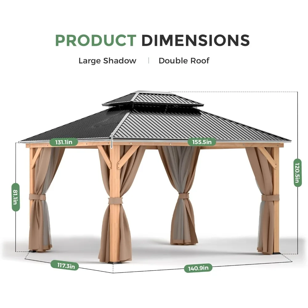 11x13 Wood Gazebo, Outdoor Hardtop Gazebo with Netting and Curtains, Double Galvanized Steel Roof, Deck Hard Top Gazebo