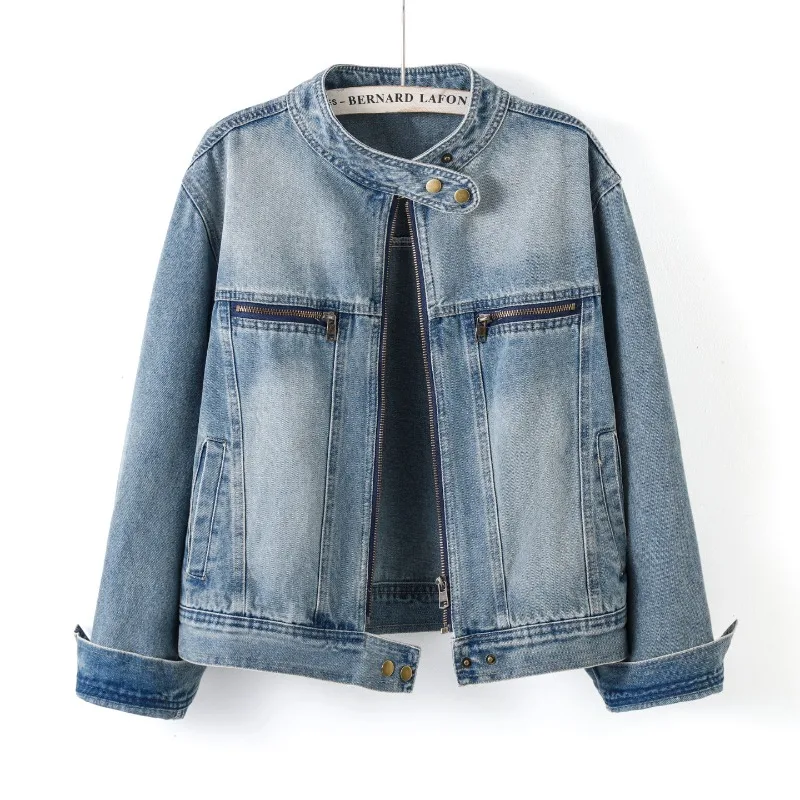 Women Retro Washed Denim Coat Asymmetrical Metal Snaps Stand Collar Zip‑Up Front Zipper Pockets Cropped Loose Locomotive Style