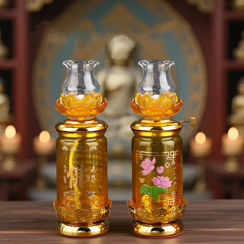 Lotus Oil Lamp For Buddhist Altar & Prayer With Windproof Glass Top, Home Buddha Worship Decoration Religious Items