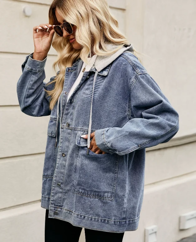 Veste en jean pour femmes, vêtements d'extérieur en Jean à capuche printemps-automne, haut en Denim à manches longues, vestes imprimées léopard, chapeau détachable