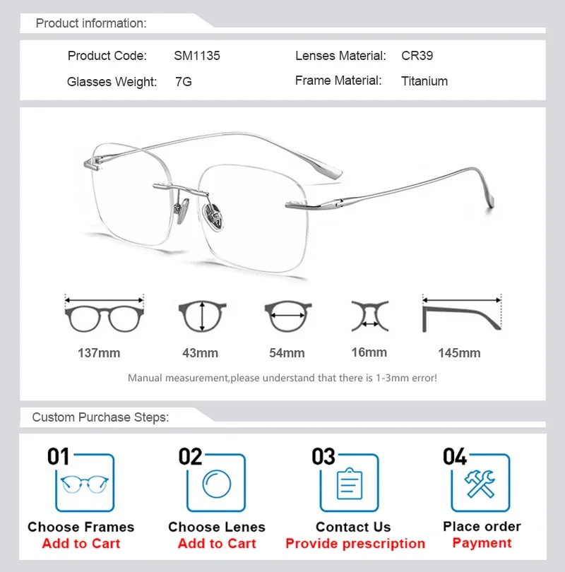 OLLYMURS Ultralight titanium rimless reading glasses, simple square myopia frames, anti-blue light, custom prescription glasses