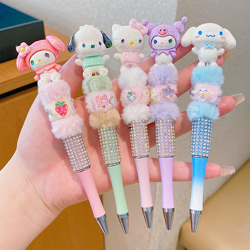 Sanrio Plush Bead String Pen Pochacco Cinnamoroll DIY Pen Hello Kitty Kuromi My Melody Cute Cartoon Stationery Birthday Gift