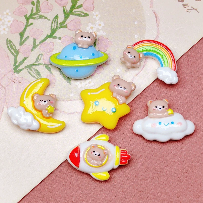 10 Pcs New Cute Bright Surface Cartoon Bear Rocket Rainbow Cloud Resin Scrapbook Diy Jewelry Party Wedding Hairpin Accessories