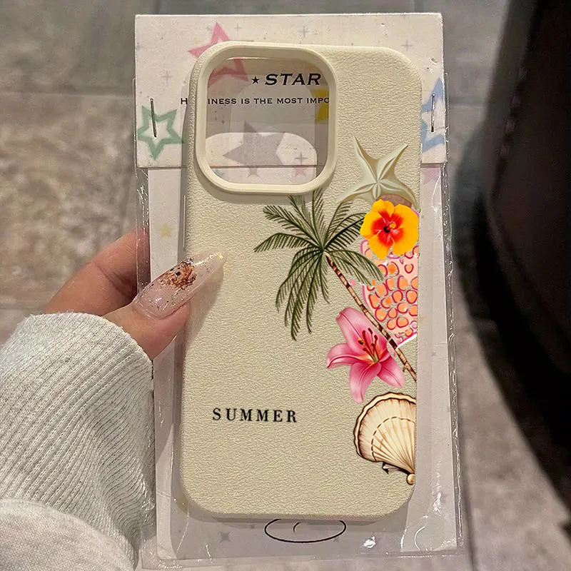Sommerliche Kokospalmen-Lilien-Muster Lychee-Textur Silikon-Handyhülle für iPhone 11 12 13 14 15 16 17 Pro Max Plus Air Soft Cover