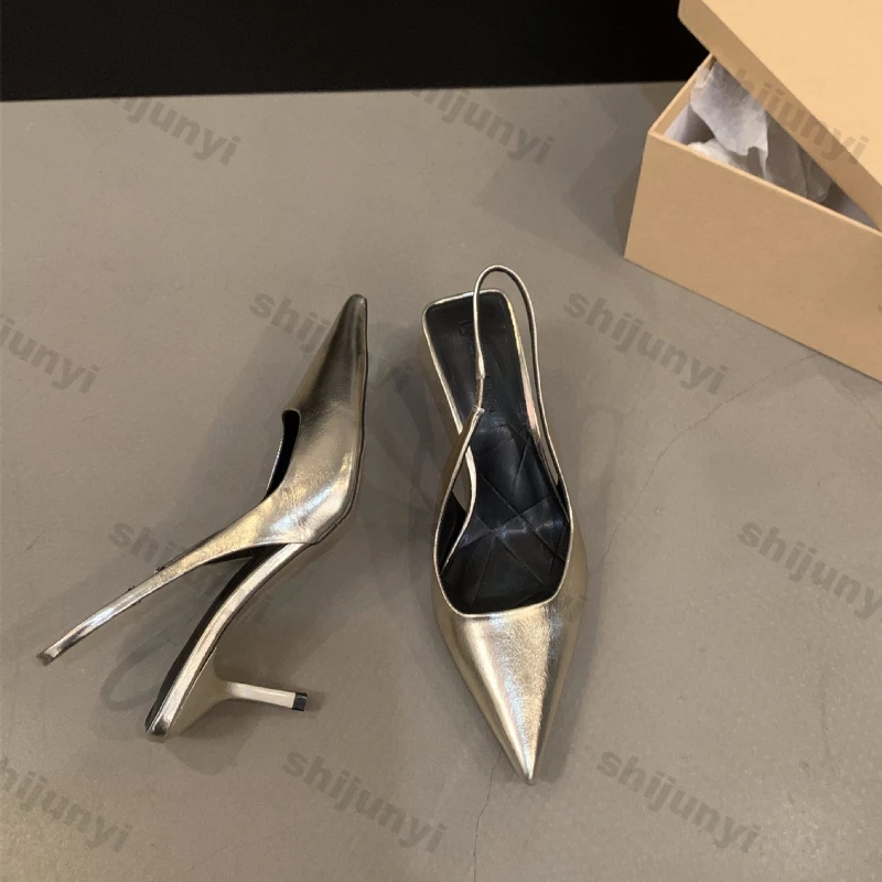 Women Design Silver Pointed Sandals Women Spring New Pumps Sexy Party Thin Heels Single Shoes Female Elegant Mules Dress Sandals image 4