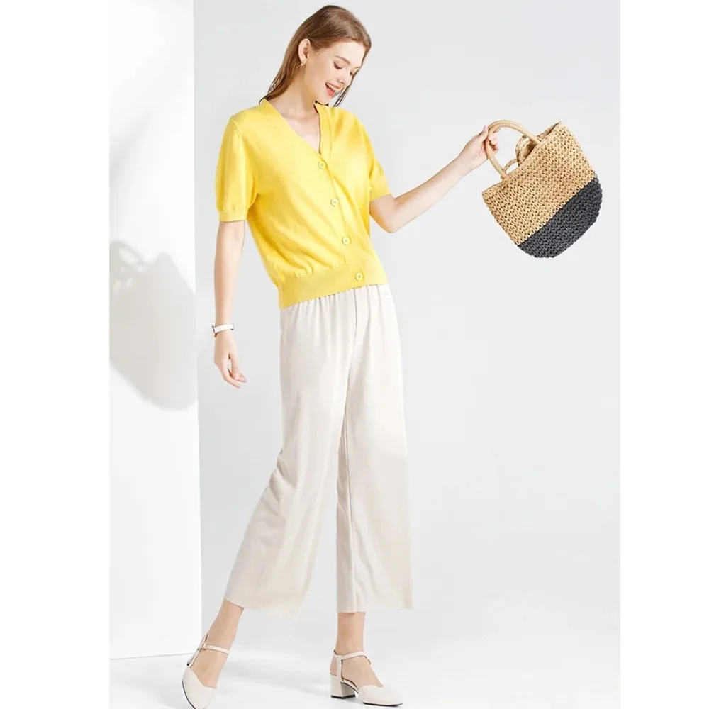 2026 Women Ankle-Length Wide Leg Pants Casual Summer Solid Elastic Waist Loose Ice Silk Pants Spring Summer Female Trousers