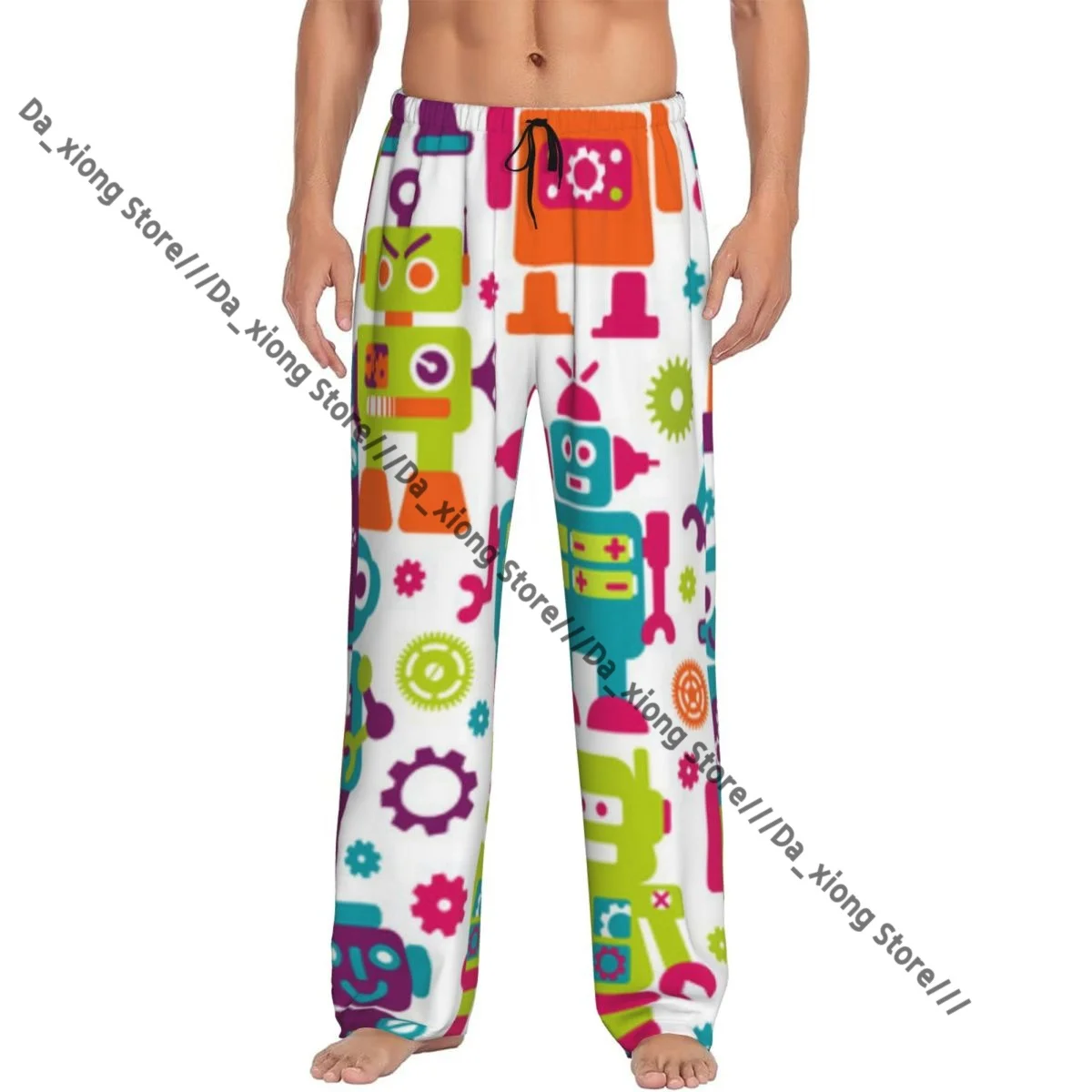 Mens Casual Pajama Long Pant Loose Elastic Waistband Robotrs Pattern Cozy Sleepwear Home Lounge Pants
