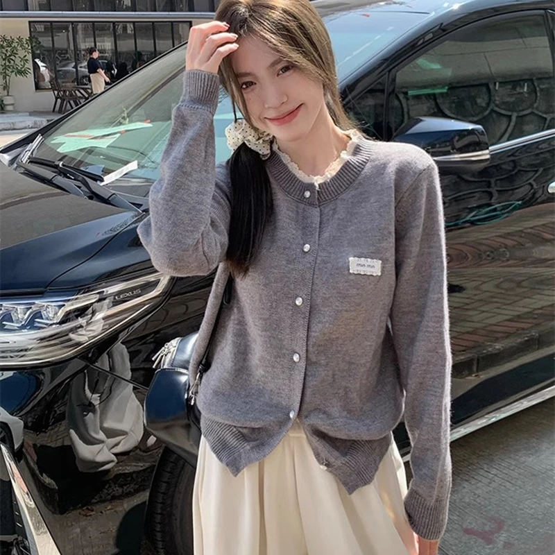 Lace Round Neck Knitted Cardigan Women Loose Casual Solid Color Jacket Coat Top