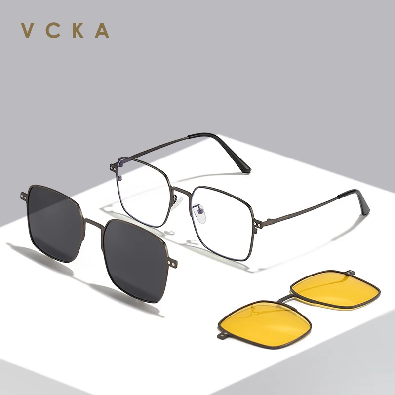 VCKA 3 in 1 Polarized Magnet Clip on Sunglasses Aluminum Men Night Vision Set Ultralight Metal BiG Frame Computer Glasses