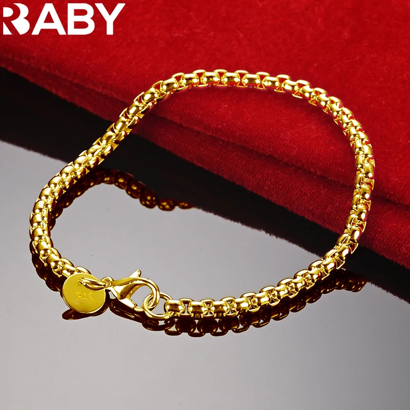 

URBABY 24K Gold 4mm Round Box Chain Bracelet For Woman Lady Fashion Wedding Engagement Party Jewelry Charms Accessories