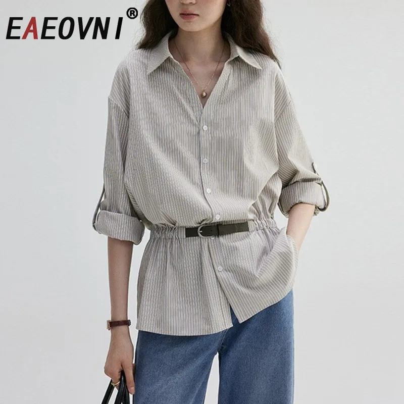 

EAEOVNI 2026 Fashion Striped Shirt For Women V Neck Folds Gathered Waist Design Casual Blouse 2026 Spring New Clothing