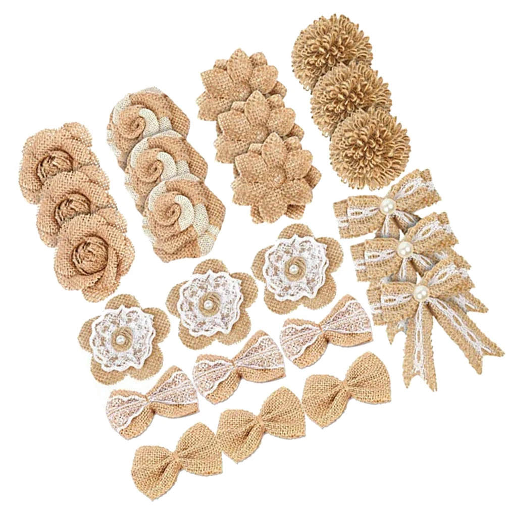

24 pcs Jute Flower Burlap Decor Wedding Party Bow Handmade Lace Garment Accessories Bridesmaid Groom Bridal Dresses