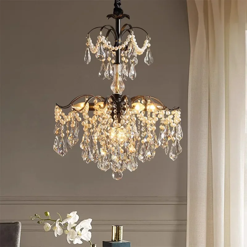 American Retro Crystal Pearl Lustre Chandeliers Black Villa Living Dining Room E14 Pendant Light