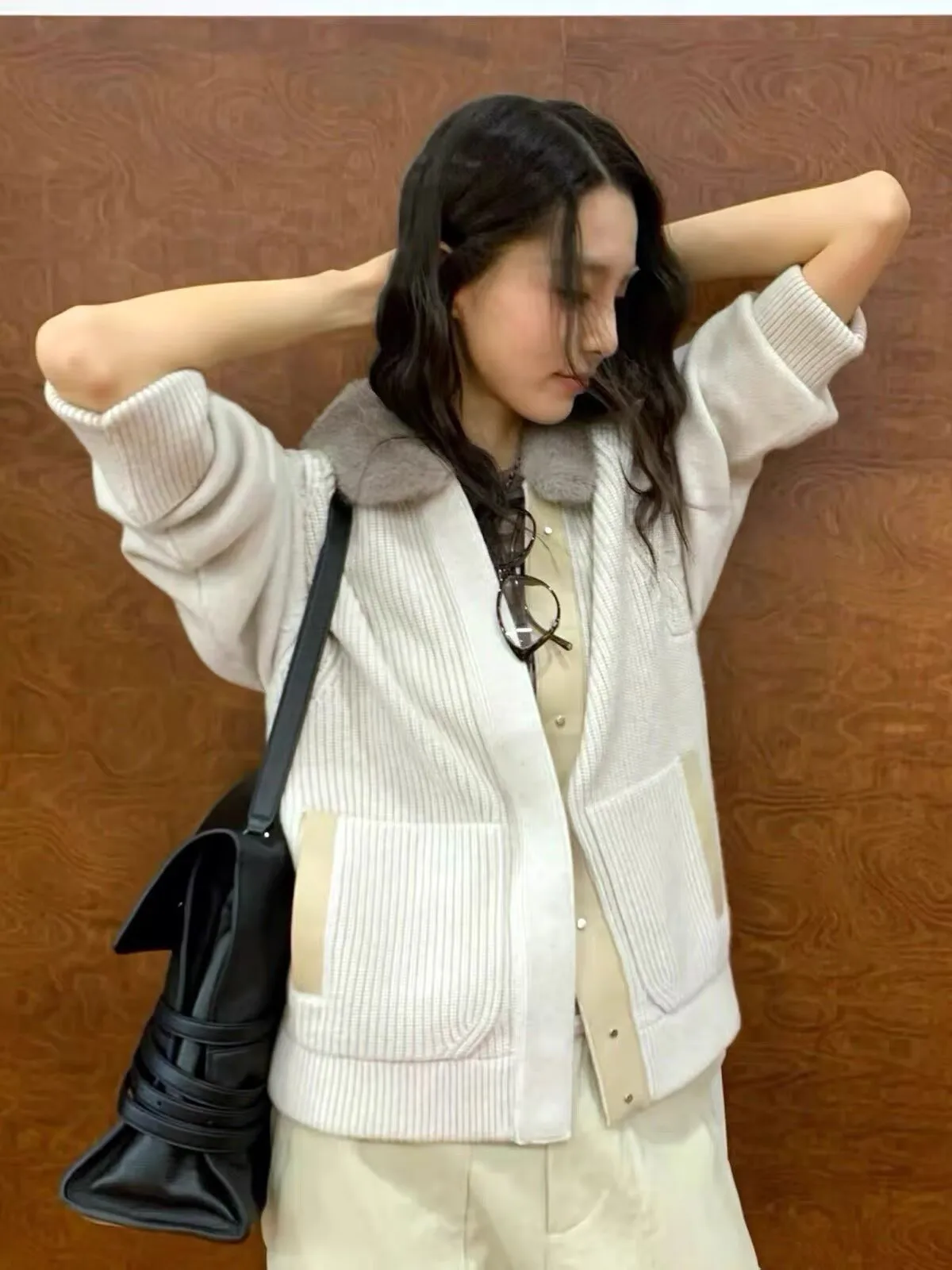 2026 Autumn Winter 100% Cashmere Women Jacket Mink Fur Collar Genuine Leather Splicing Outerwear Knitted Cardigan Coat