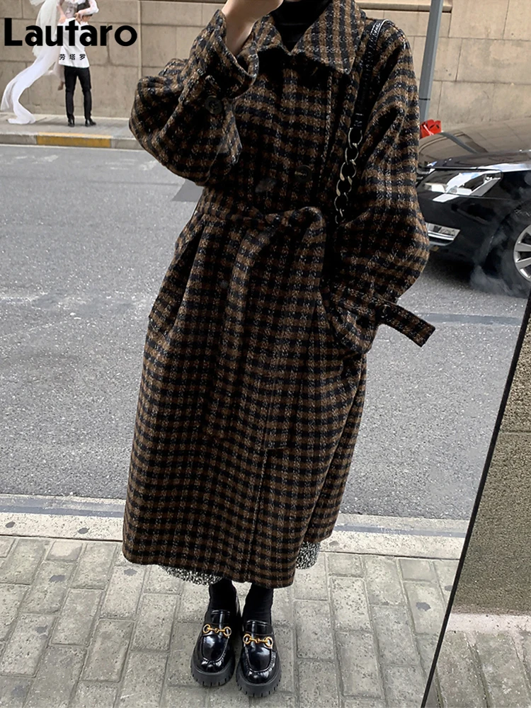 Lautaro Autumn Winter Long Loose Casual Soft Plaid Woolen Coat Women Double Breasted Stylish Chic Luxury Designer Clothes 2022