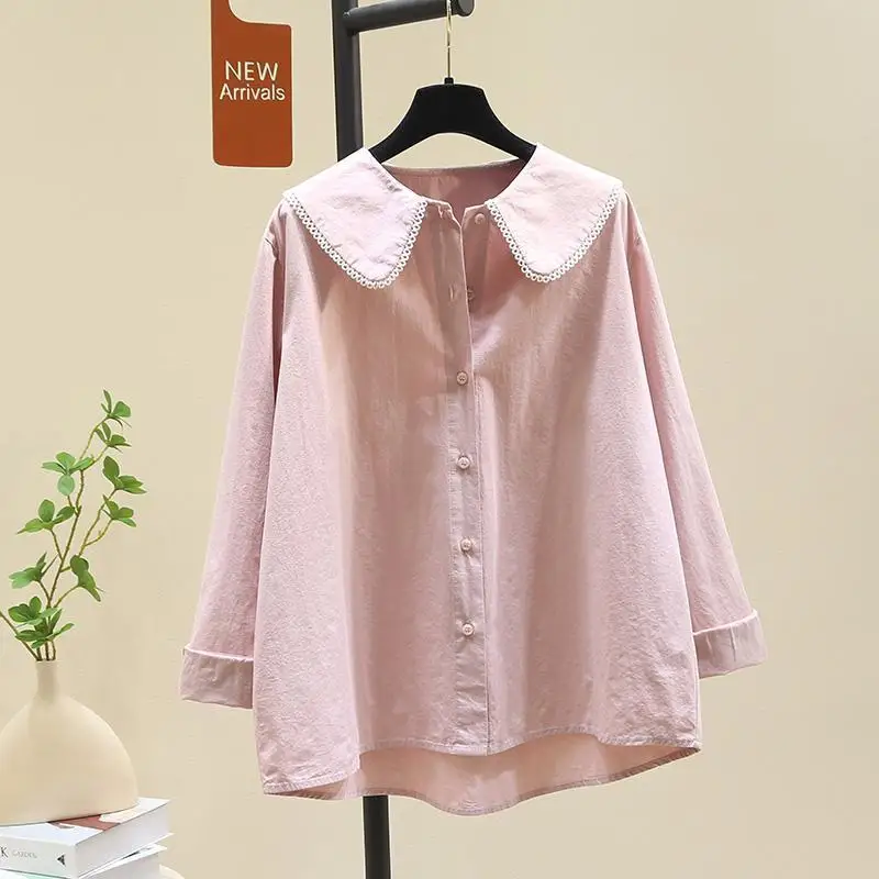 Pink Lace Doll Collar Shirt Women\'s Spring Outfit New Artistic Style Loose and Age Reducing Versatile Shirt Top