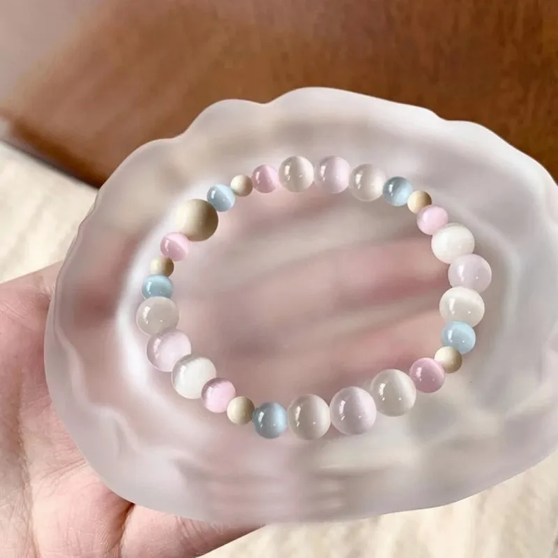 Vintage Elegant Lychee Jelly Cat's Eye Stone And White Fossil Stone Beaded Bracelet Women Handmade Fashion Jewelry Gift