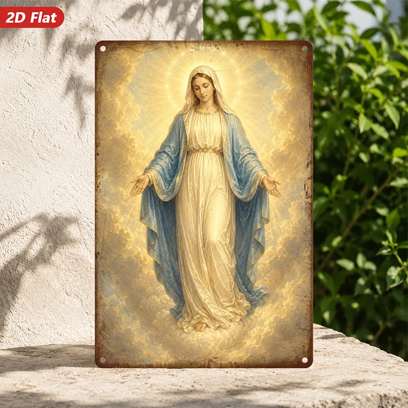 2D Flat, 1pc Sacred Madonna Glow Metal Sign Wall Art, Radiant Halo, Flowing White Robe, Ideal for Kitchen Dining Room,