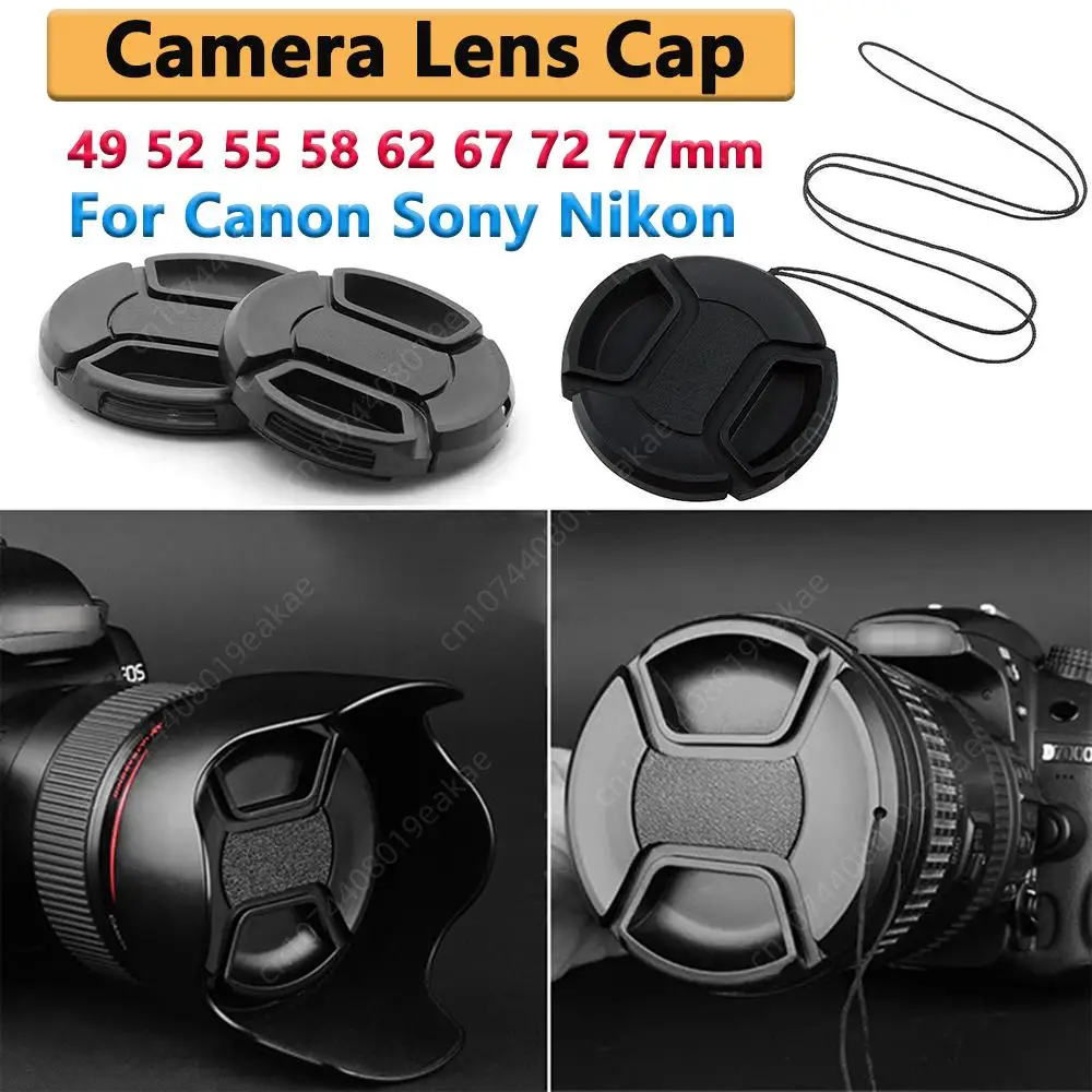 Camera Lens CAP For Canon/Sony/Nikon 49 52 55 58 62 67 72 77mm Lens Protective CAP With Lanyard Snap-On Center-Pinch Lens CAP