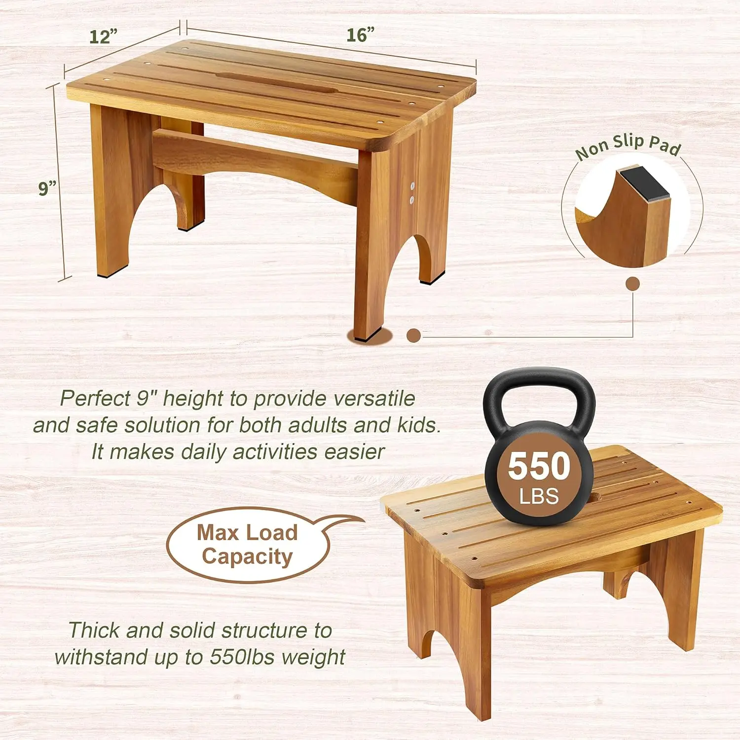 مقعد متدرج للبالغين، مقعد خشبي محمول مقاس 9 بوصات للأطفال، مقعد بجانب السرير عالي التحمل بخطوة واحدة بسعة تحميل 550 رطل #2
