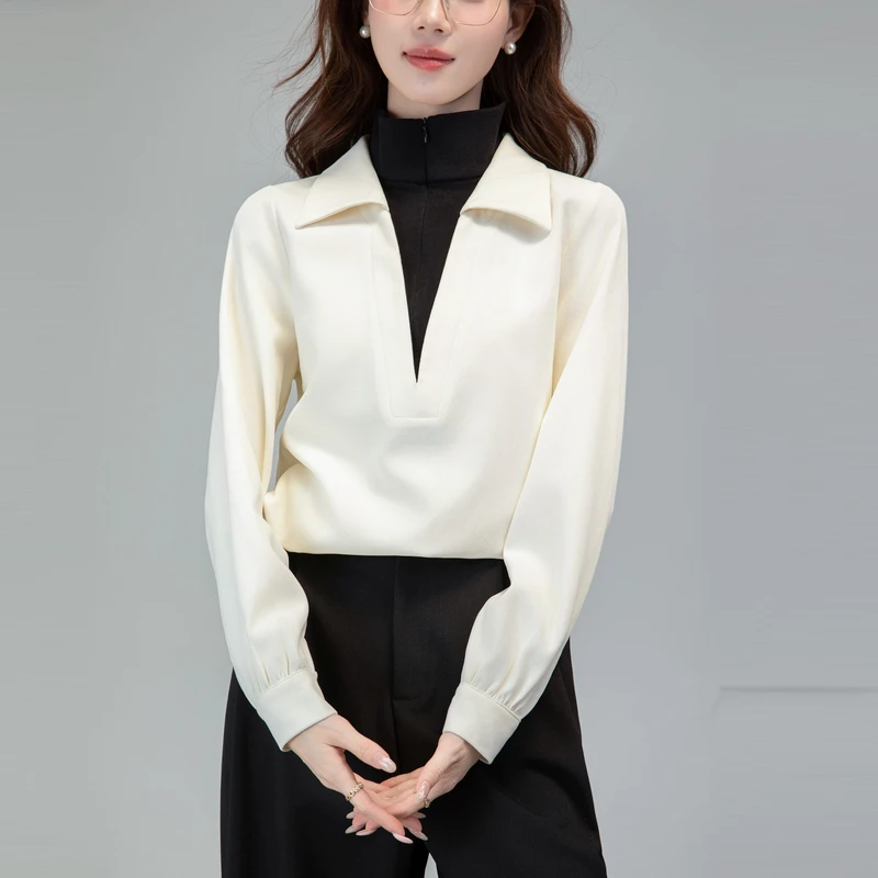 

Women's French Style Color Block False Two-Piece Long Sleeve Shirt 2025 New Winter Oversized Blouse for Casual Wear