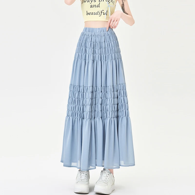 skirt for women in the summer of 2025, with elastic waistband for slimming and a large hem, pleated mid length A-line skirt