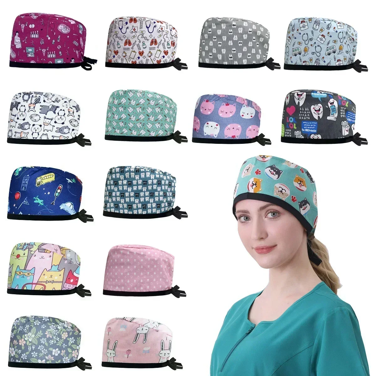 Gorros unisex para clínica de mascotas, gorro exfoliante para clínica Dental con estampado de dientes de alta calidad, gorro de trabajo médico transpirable, gorro de enfermería de algodón, venta al por mayor
