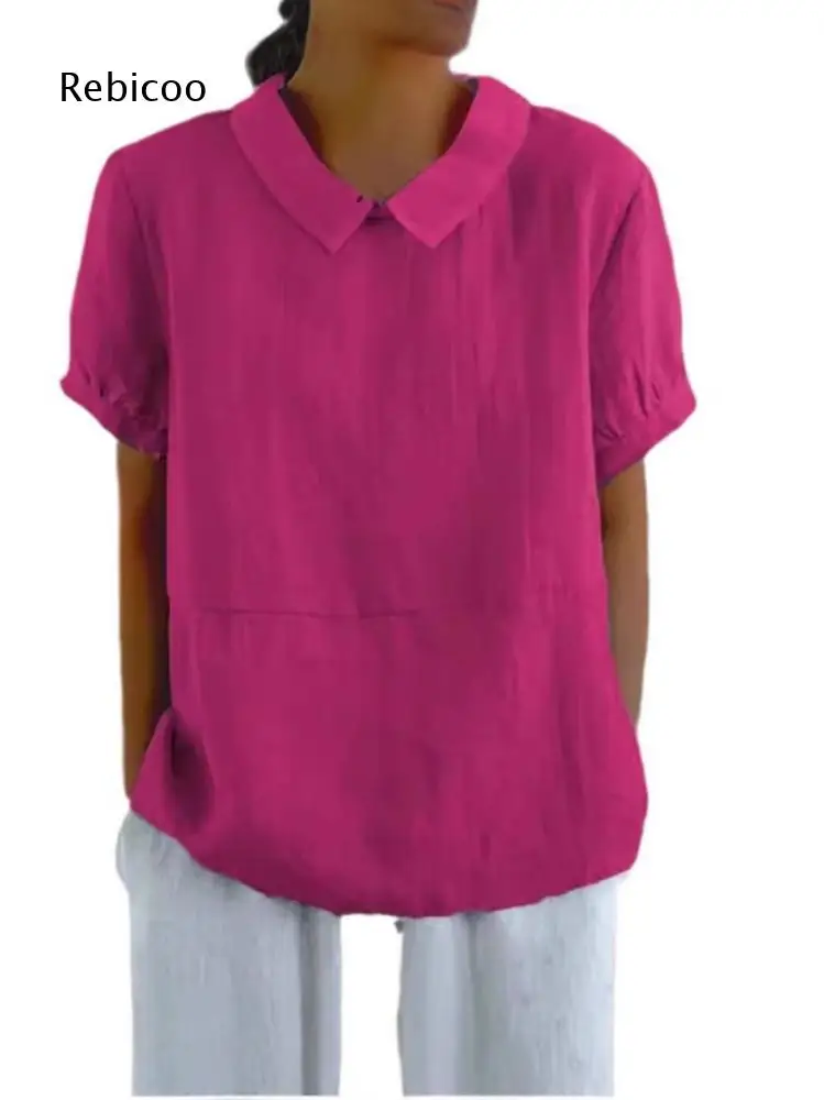 Short Sleeve Peter Pan Collar Blouse For Women Relaxed Silhouette With Side Pockets For Outdoor Activities And Leisure Occasions