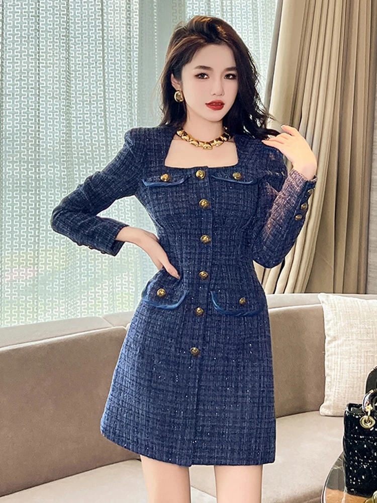 Fashion Ladies Vintage Tweed Short Dress Women Bright Silk Commute Formal Square Collar Slim Mini Mujer Vestidos Street Clothes