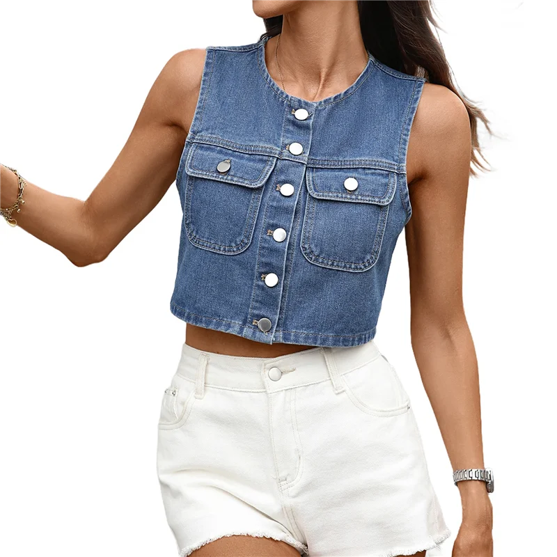 ASDS-Jean Vests For Women Crop Denim Top Button Down Waistcoat Vest Tank Tops Fashion Casual Sleeveless Jacket