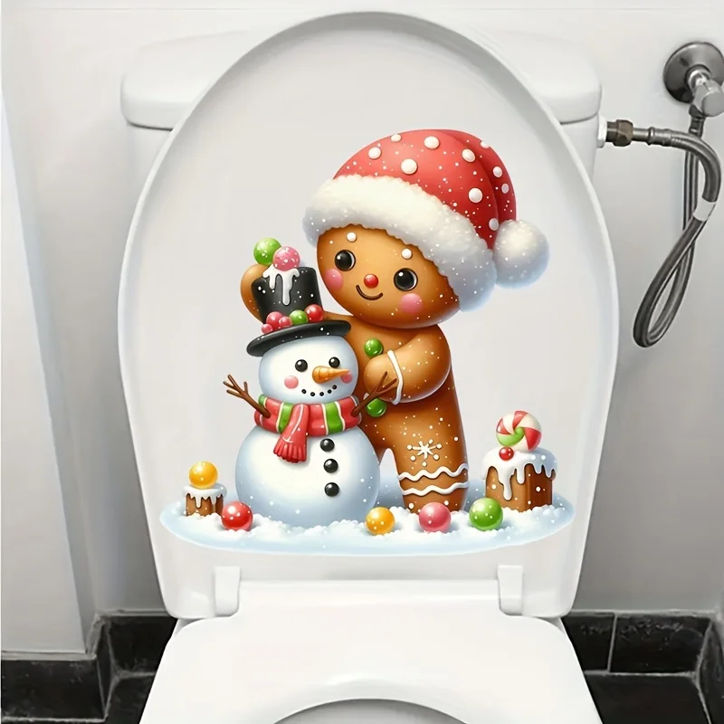 Christmas Gingerbread Man & Snowman Toilet Seat Decal Toilet Decor Living Room Cabinet Home Decoration Stickers S716