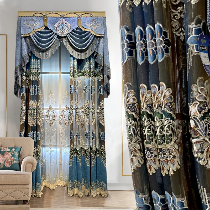 

Custom curtain modern European luxury livingroom blue hollow out embroidery bedroom blackout curtain tulle valance drape M1503