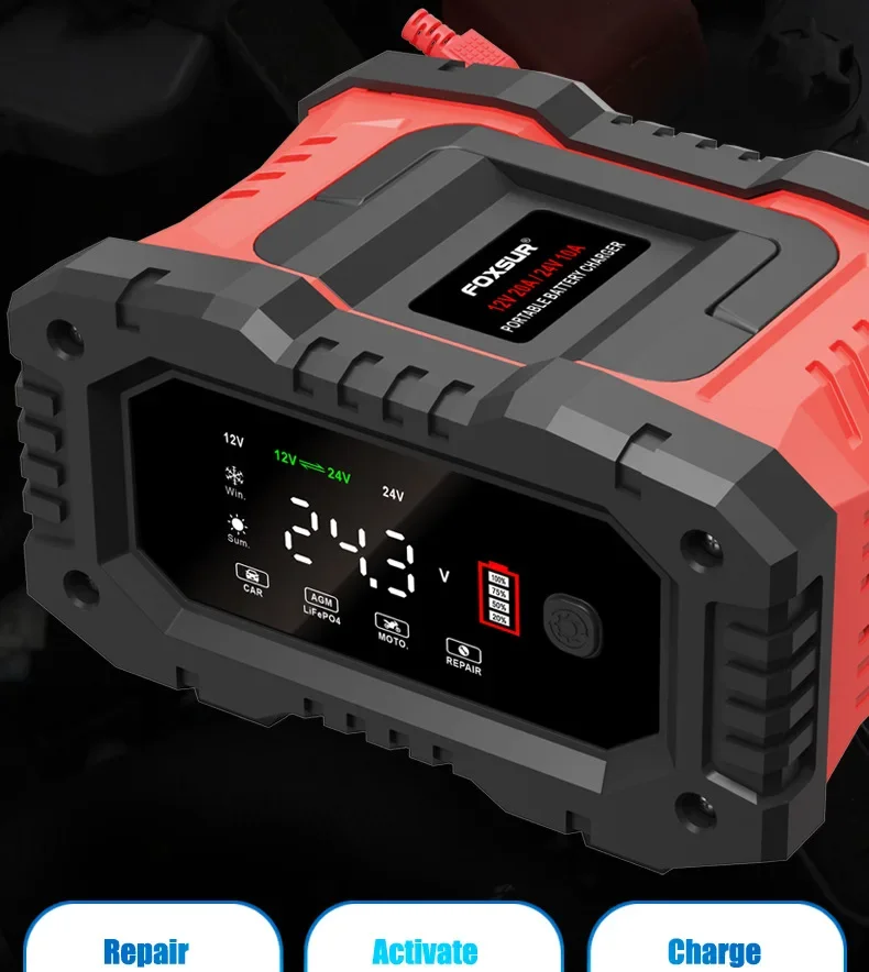 Tragbares 10A/20A-Ladegerät für Start-Stop-Batterien, Autoreparatur und Schnellladung für 12 V/24 V AGM LiFePO4-Auto, LKW, Motorrad – Detail 8