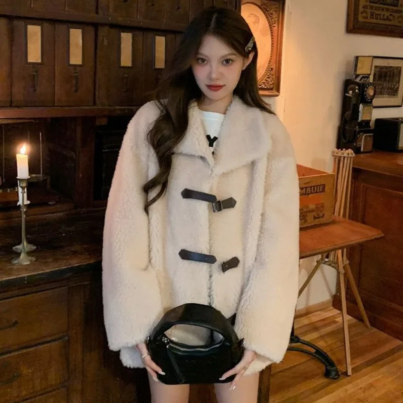 Women's 100% Lamb Wool Mid-Length Coat, Fur Integrated Outwear, Monochromatic, Casual, Versatile, High Quality, Winter