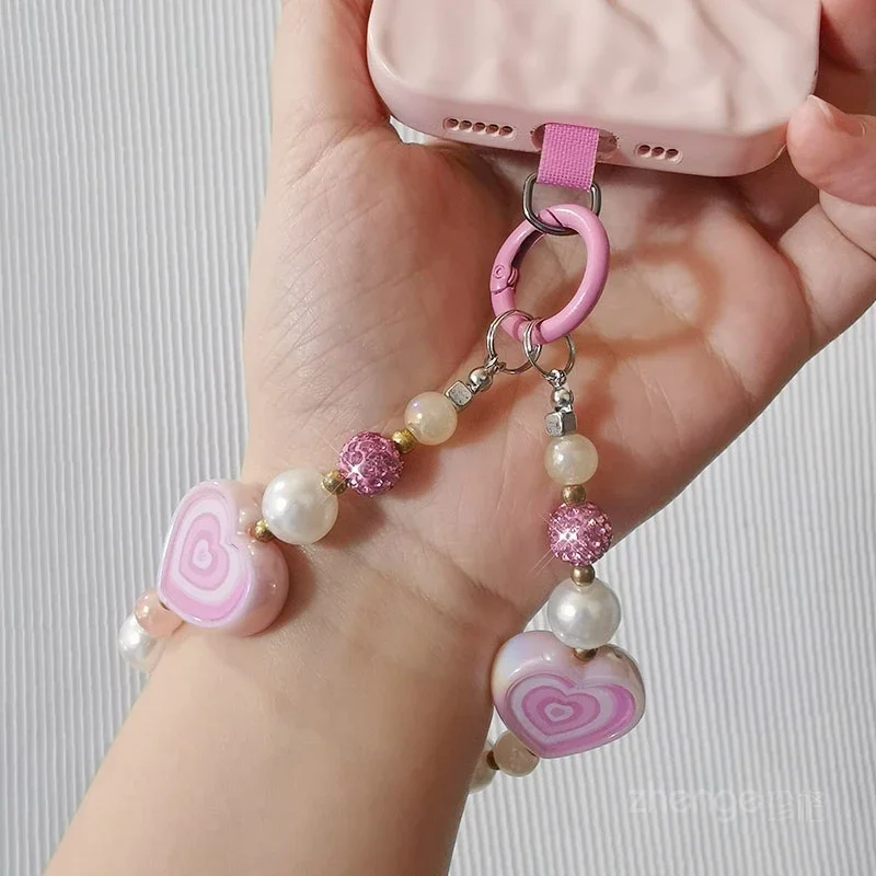 Love Ball Phone Chain, Fashionable Handheld Pearl Handmade Beaded Phone Hanging Rope, Universal Clip on Phone Case