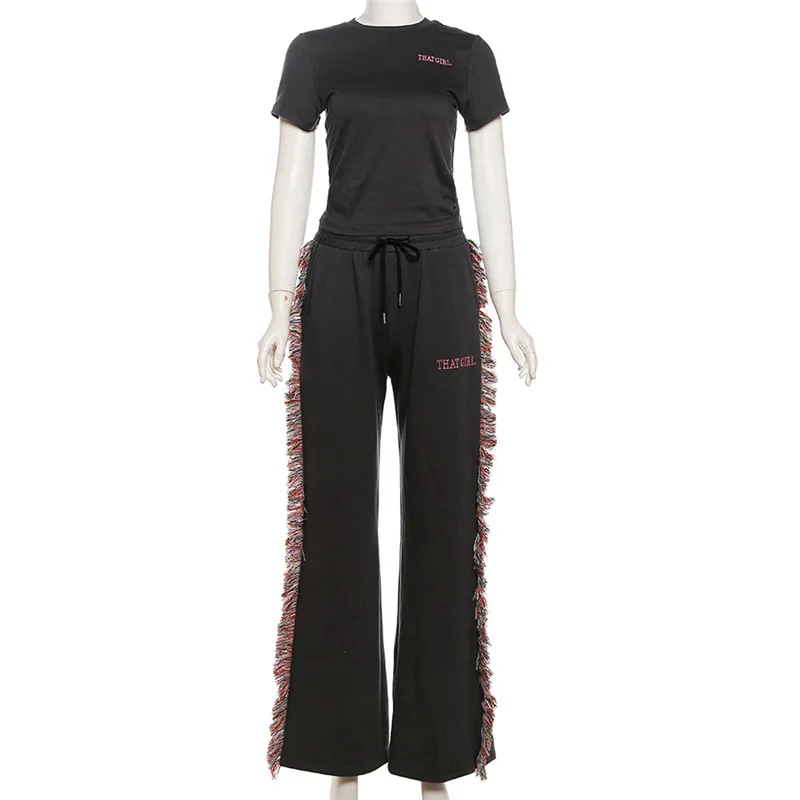 Sexy Crop Tops Two Piece Fringe Pant Set Outfits Matching Sets 2024 Women Y2K Streetwear Elegant Letter 2 Piece Summer Set