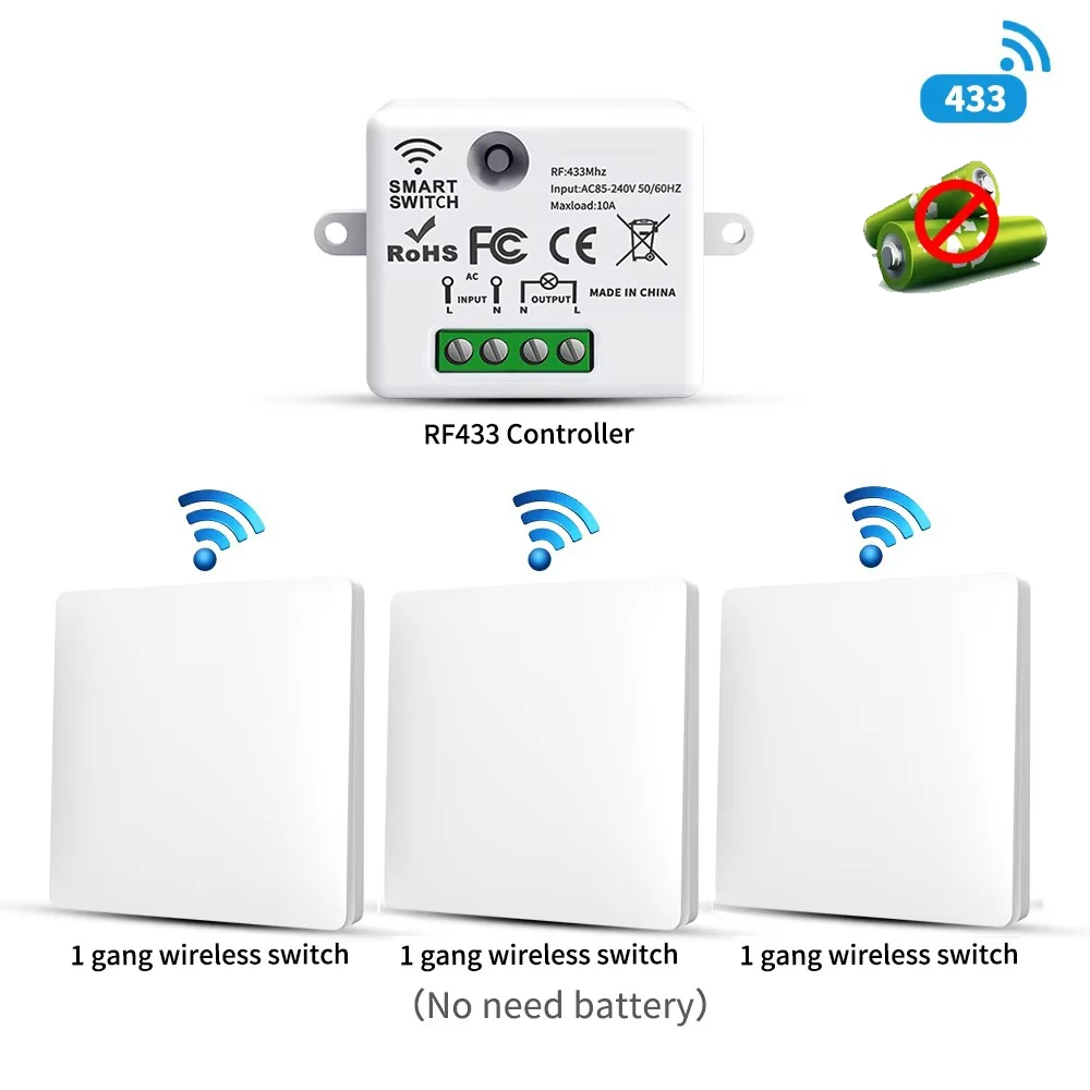 RF433 Self-Powered Wireless Light Switch, Kinetic Energy No Battery,Long Range Wall-Penetrating Signal, Easy Retrofit for Home