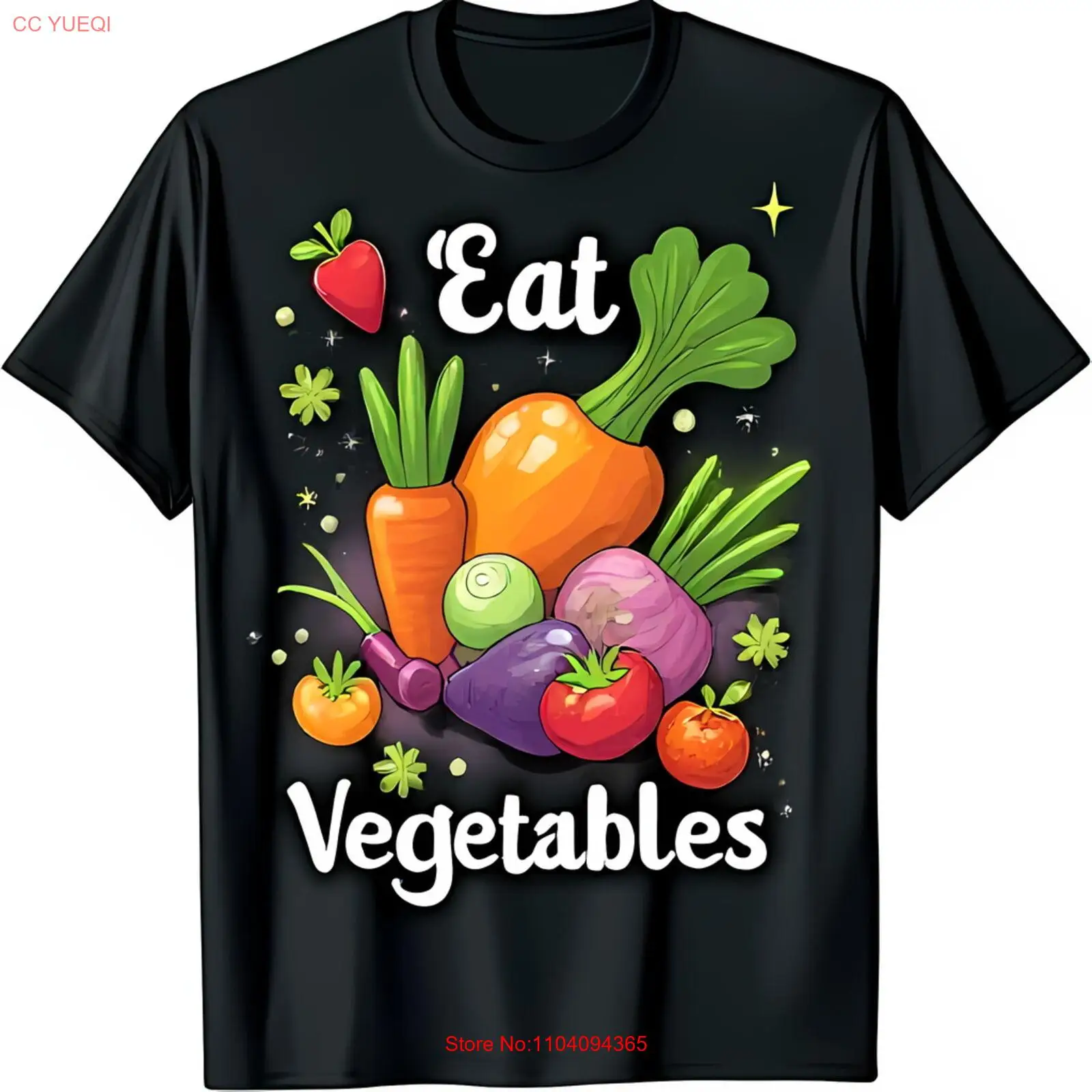 

Colorful Cartoon Vegetable Design Black T-Shirt Eat Vegetables Graphic