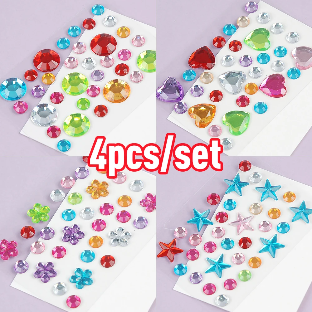 4pcs Small-sized Floral Heart Star Nail Gemstone Stickers Colorful Plum Blossom Gem Stickers Jewels Stickers For Face Eye Body
