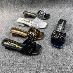 Xibeilove 2023 Summer New Fashion Square Head Colorful Sequins Thick Heel Middle Heel Slippers Women's Casual Home Shoes