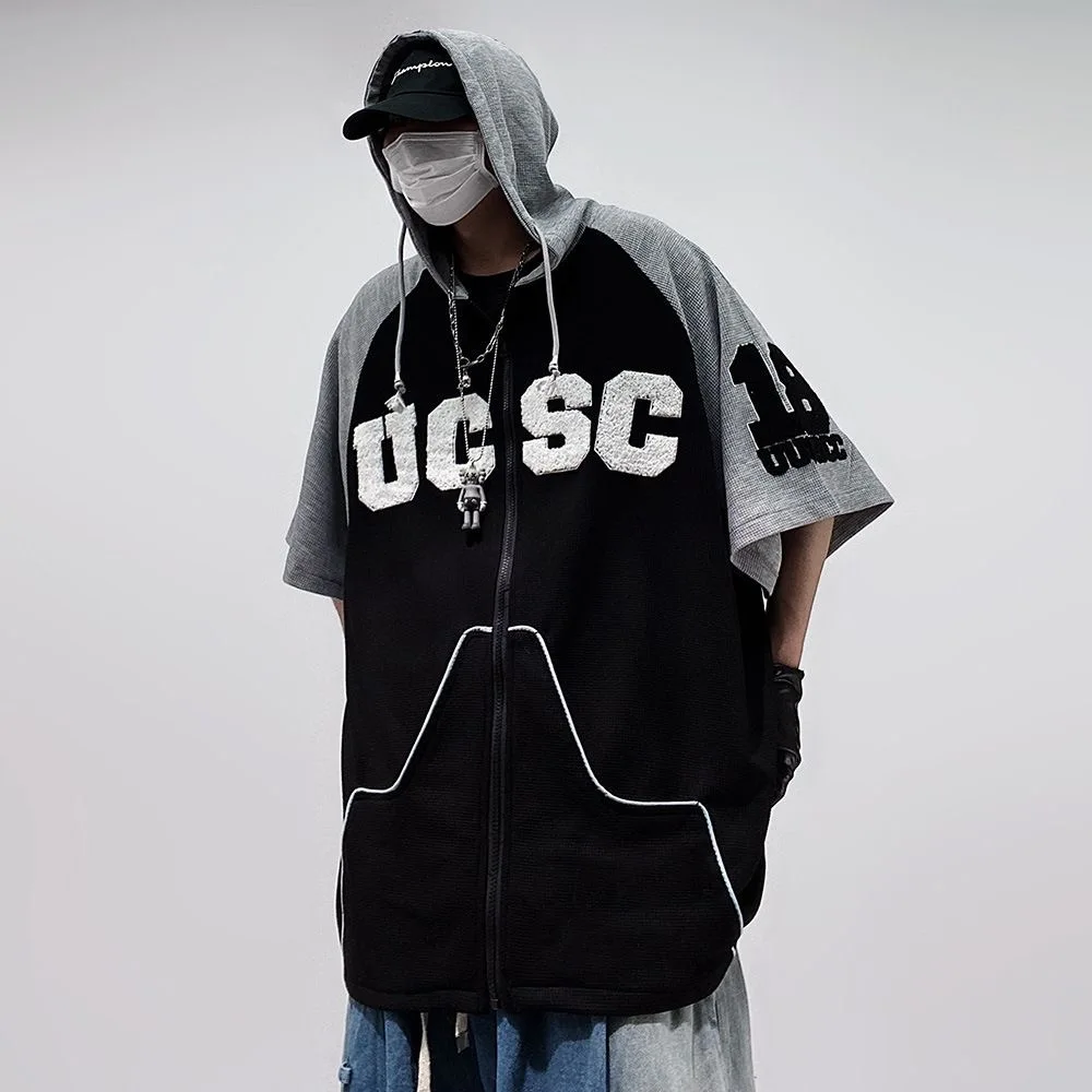 ARENS Hip Hop Fashion Brand Cardigan Top Men's Hooded Half Sleeved Loose Oversized Waffle Shirt Oversized Short Sleeved T-shirt