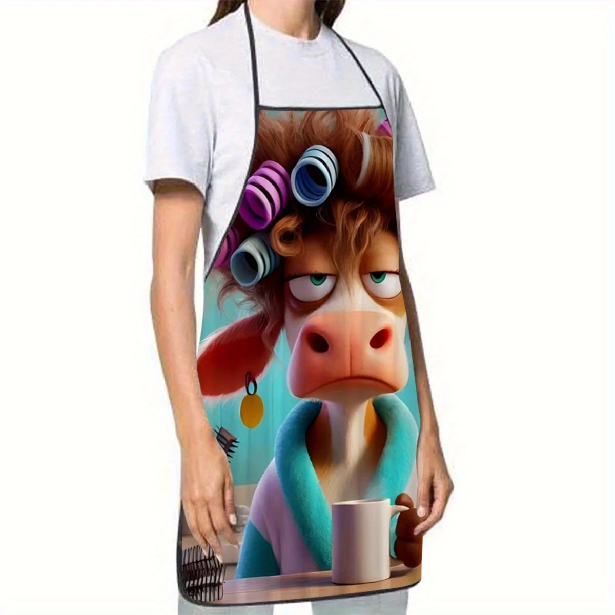 1pc Funny Cow with Curlers in Kitchen Apron Humorous Cartoon Design, Durable Polyester Adjustable Neck Strap Waist Ties