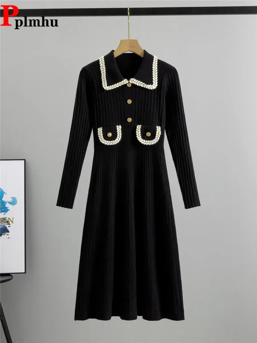 

Chic Design Knitted Slim Vestidos Korean Fashion Elegant Vintage Elbise Women Lapel Neck Long Sleeve Pullover Knitwears Dresses