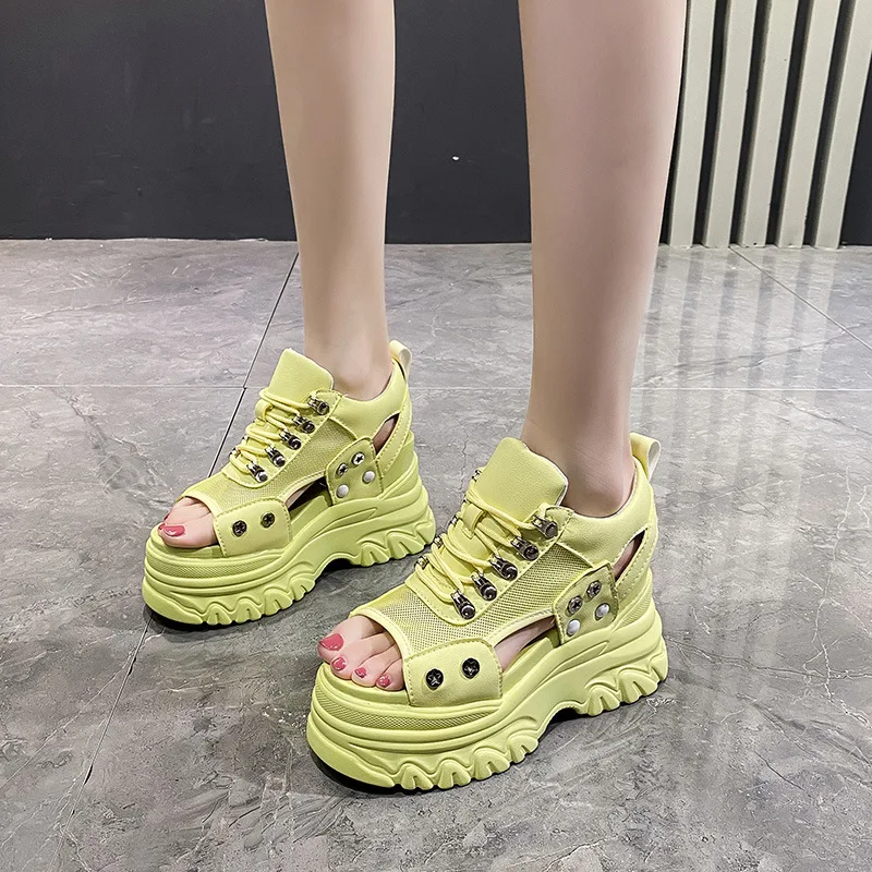 Zapatillas deportivas transpirables de malla con plataforma plana para mujer, sandalias de gladiador con cordones y cuña hueca para verano, zapatos de suela gruesa para mujer